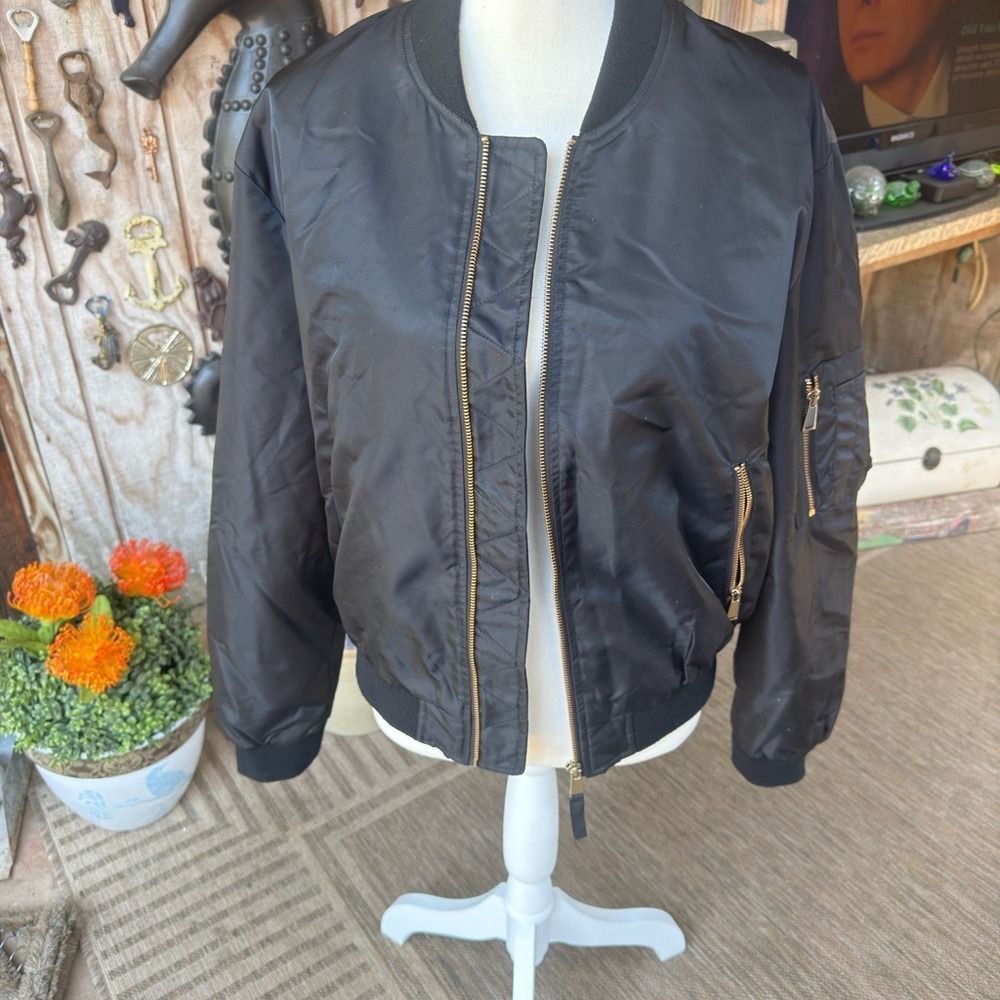 Zara Black Bomber Jacket with Gold Zipper Details Large